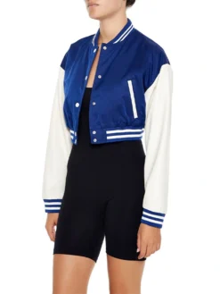 Womens Cropped Blue Lettermen Varsity Jacket Side