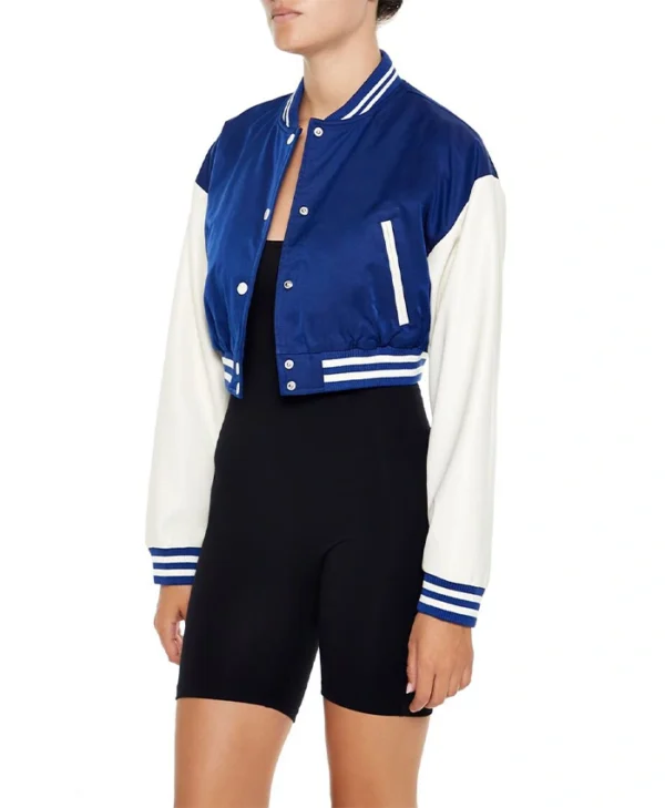 Womens Cropped Blue Lettermen Varsity Jacket Side