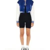 Womens Cropped Blue Lettermen Varsity Jacket Stand