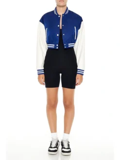 Womens Cropped Blue Lettermen Varsity Jacket Stand