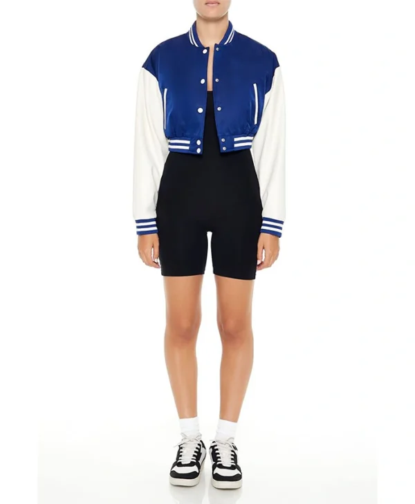 Womens Cropped Blue Lettermen Varsity Jacket Stand