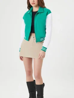 Womens Cropped Light Blue Varsity Jacket Stand