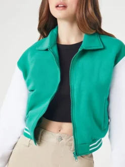 Womens Cropped Light Blue Varsity Jacket Zipper
