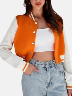 Womens Cropped Orange Wool Varsity Jacket Closure