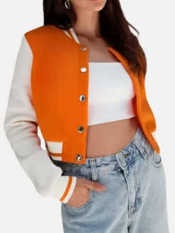 Womens Cropped Orange Wool Varsity Jacket Pockets