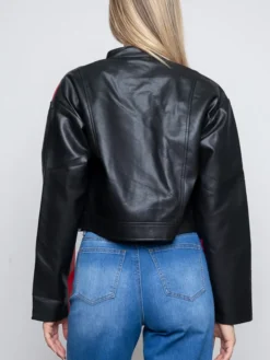 Womens Cropped Red And Black Leather Jacket Back