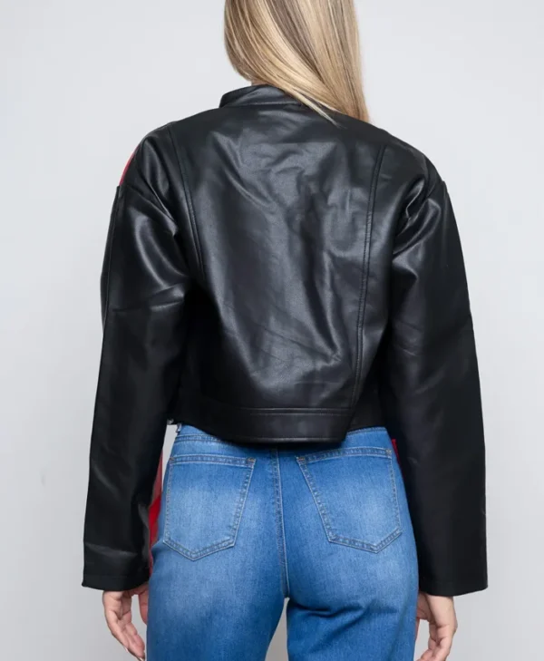 Womens Cropped Red And Black Leather Jacket Back