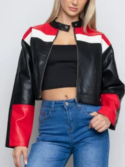 Womens Cropped Red And Black Leather Jacket Main