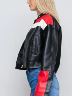 Womens Cropped Red And Black Leather Jacket Pockets