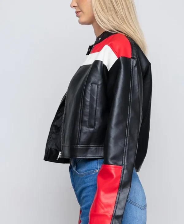 Womens Cropped Red And Black Leather Jacket Pockets