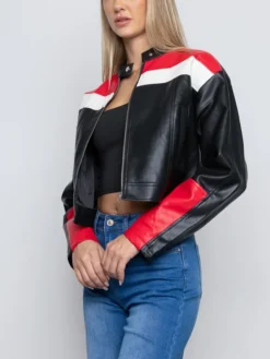 Womens Cropped Red And Black Leather Jacket Side