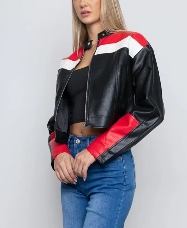 Womens Cropped Red And Black Leather Jacket Side