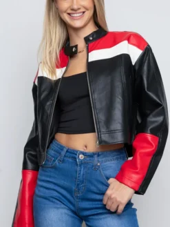Womens Cropped Red And Black Leather Jacket Sleeves