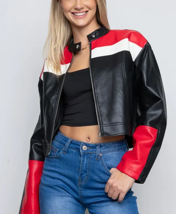 Womens Cropped Red And Black Leather Jacket Sleeves