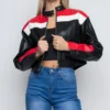 Womens Cropped Red And Black Leather Jacket Zipper