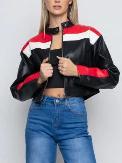 Womens Cropped Red And Black Leather Jacket Zipper
