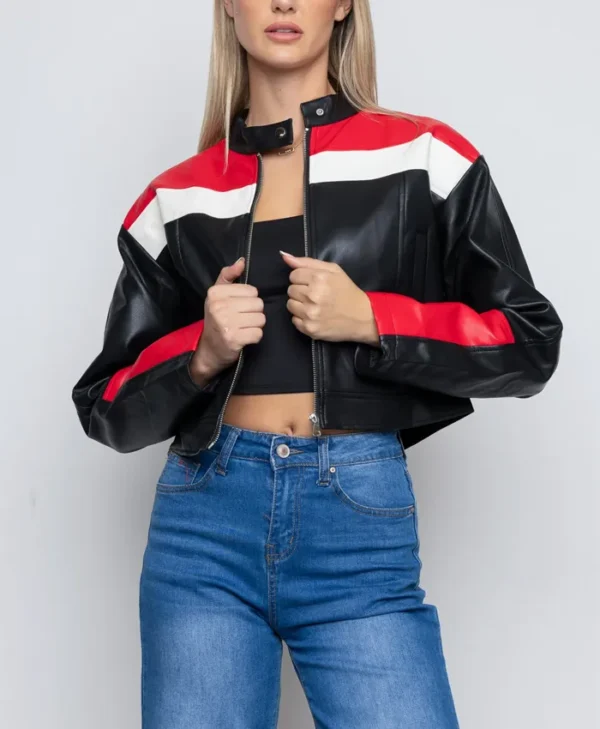 Womens Cropped Red And Black Leather Jacket Zipper