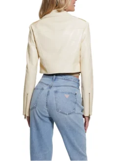 Womens Cropped White Leather Biker Jacket Back