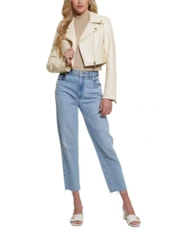 Womens Cropped White Leather Biker Jacket Inner