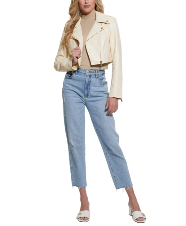 Womens Cropped White Leather Biker Jacket Inner