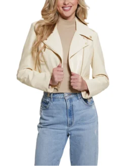 Womens Cropped White Leather Biker Jacket Main