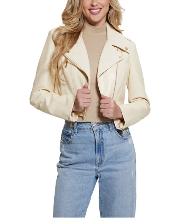 Womens Cropped White Leather Biker Jacket Main