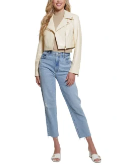 Womens Cropped White Leather Biker Jacket Stand Up