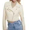 Womens Cropped White Leather Biker Jacket Zipper
