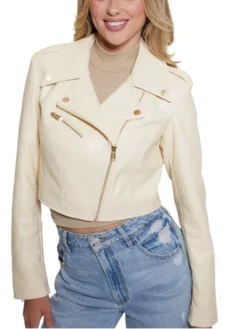 Womens Cropped White Leather Biker Jacket Zipper