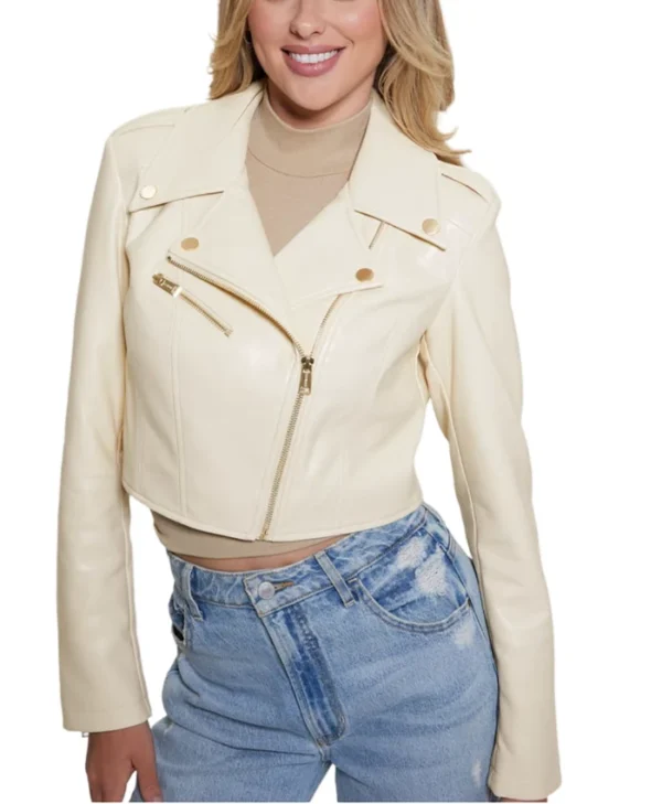 Womens Cropped White Leather Biker Jacket Zipper