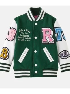 Womens Green And White Varsity Lettermen Jacket Front