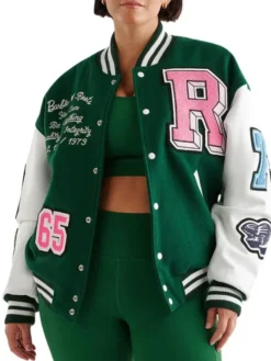Womens Green And White Varsity Lettermen Jacket Main