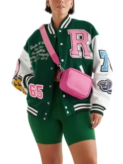 Womens Green And White Varsity Lettermen Jacket Patched
