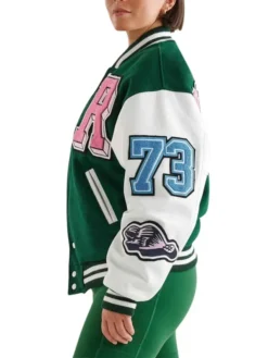 Womens Green And White Varsity Lettermen Jacket Side