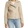 Womens Leather Beige Leather Motorcycle Jacket Front