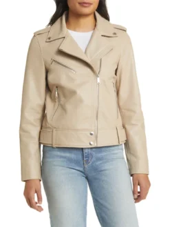 Womens Leather Beige Leather Motorcycle Jacket Front