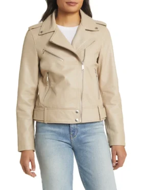 Women's Leather Beige Leather Motorcycle Jacket Front