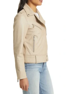 Womens Leather Beige Leather Motorcycle Jacket Side