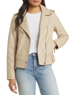 Womens Leather Beige Leather Motorcycle Jacket Zipper