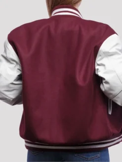 Womens Maroon And White Varsity Lettermen Jacket Back