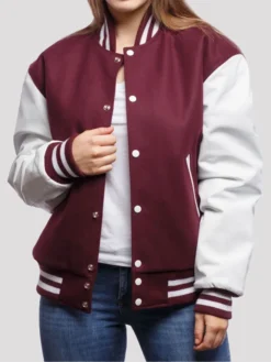 Womens Maroon And White Varsity Lettermen Jacket Main