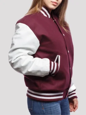 Womens Maroon And White Varsity Lettermen Jacket Side