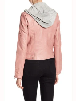 Womens Pink Biker Hooded Real Leather Jacket Back