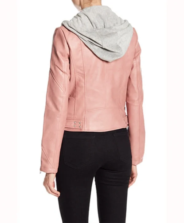 Womens Pink Biker Hooded Real Leather Jacket Back