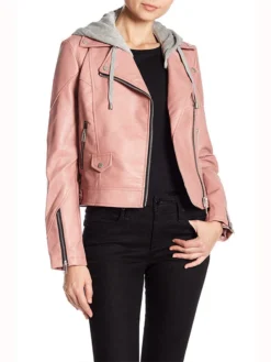 Womens Pink Biker Hooded Real Leather Jacket Main