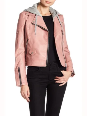 Womens Pink Biker Hooded Real Leather Jacket Main