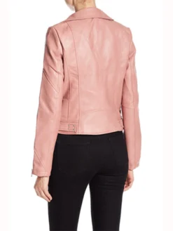 Womens Pink Biker Hooded Real Leather Jacket Sleeves