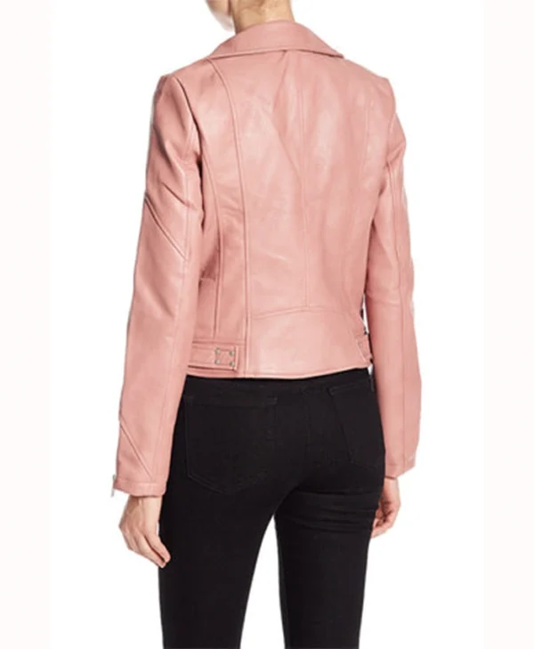 Womens Pink Biker Hooded Real Leather Jacket Sleeves