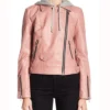 Womens Pink Biker Hooded Real Leather Jacket Zipper