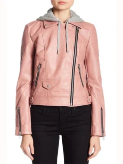 Womens Pink Biker Hooded Real Leather Jacket Zipper